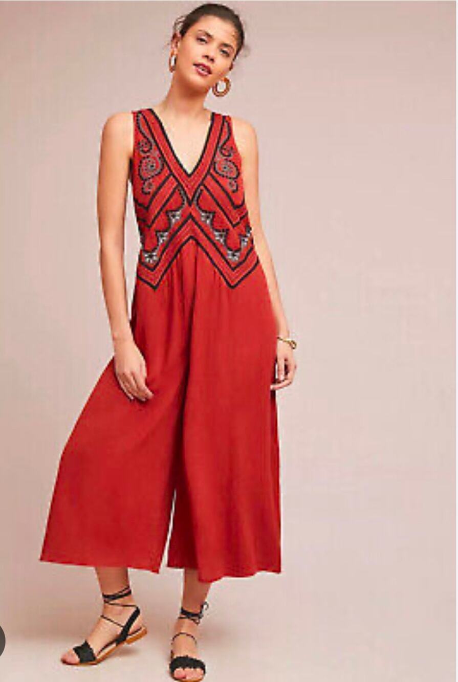 Maeve Desert Anthropologie Gauze Embroidered Wide Leg Crop Jumpsuit Boho Sz 2